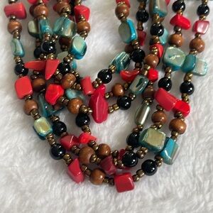 6 Beaded Strands. Necklace (Aqua, Red, Black, Brown)